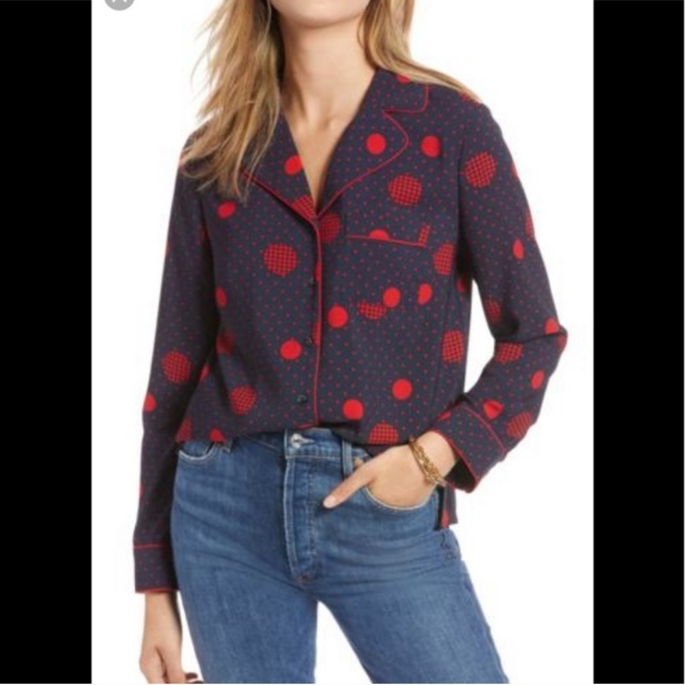 1901 GEOMETRIC PATTERN NOTCHED COLLAR BUTTON-UP LONG SLEEVE WOMEN'S SHIRT SMALL